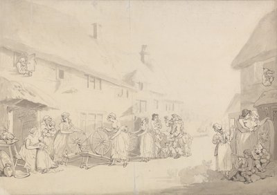 A Village Scene with Girls Spinning by Thomas Rowlandson